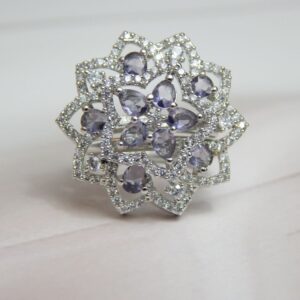 Purple Bloom Floral Ring with Layered Stonework in Silver Finish – Royal Reflection DS