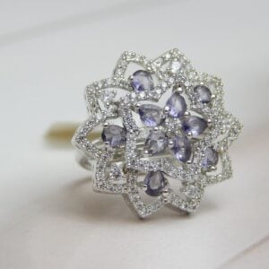 Purple Bloom Floral Ring with Layered Stonework in Silver Finish – Royal Reflection DS