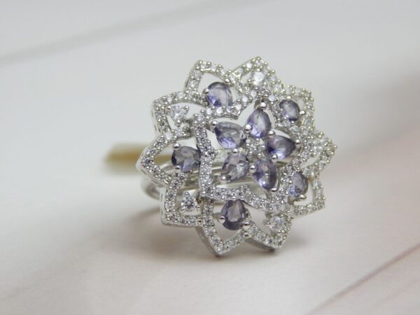 Purple Bloom Floral Ring with Layered Stonework in Silver Finish – Royal Reflection DS