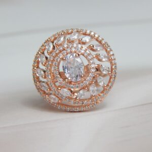 Radiant Halo Leaf Ring in Rose Gold with Marquise and Oval Crystals – Royal Reflection DS