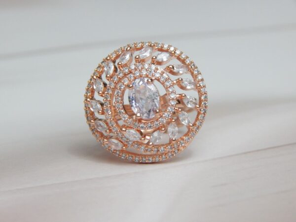 Radiant Halo Leaf Ring in Rose Gold with Marquise and Oval Crystals – Royal Reflection DS