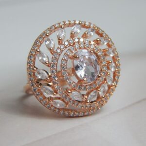 Radiant Halo Leaf Ring in Rose Gold with Marquise and Oval Crystals – Royal Reflection DS