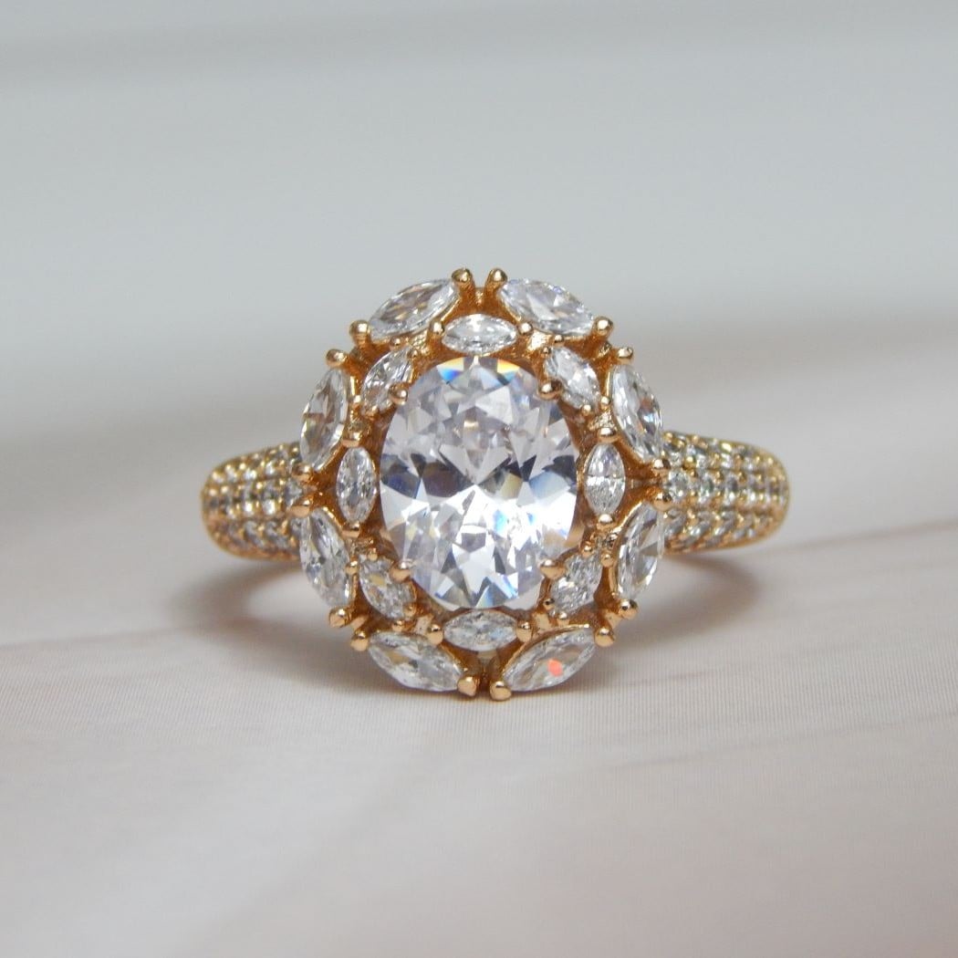Radiant Oval Halo Cocktail Ring with Gold-Plated Finish and Crystal Surround – Royal Reflection DS