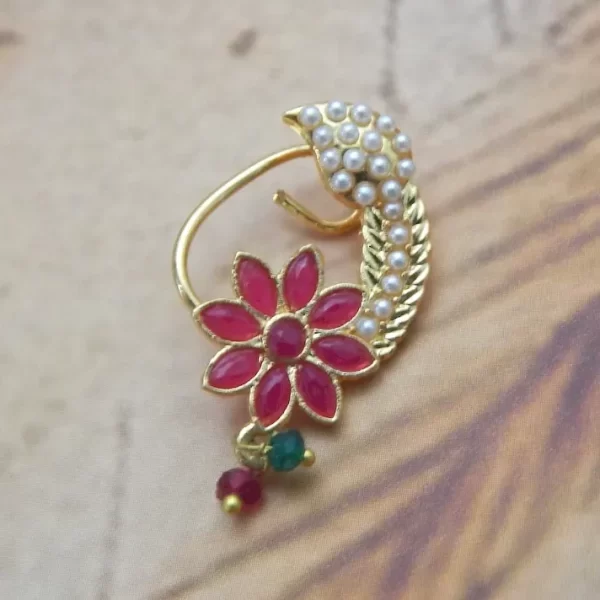 Golden Nath with large red flower and pearl-studded arc – imitation nose ring under ₹70