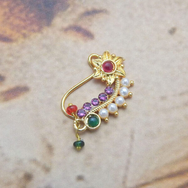 Floral red and green stone Nath with pearls in gold finish under ₹50