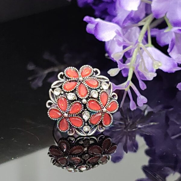 Red Petal Cluster Adjustable Ring with Enamel and Faux Stones – Royal Reflection DS