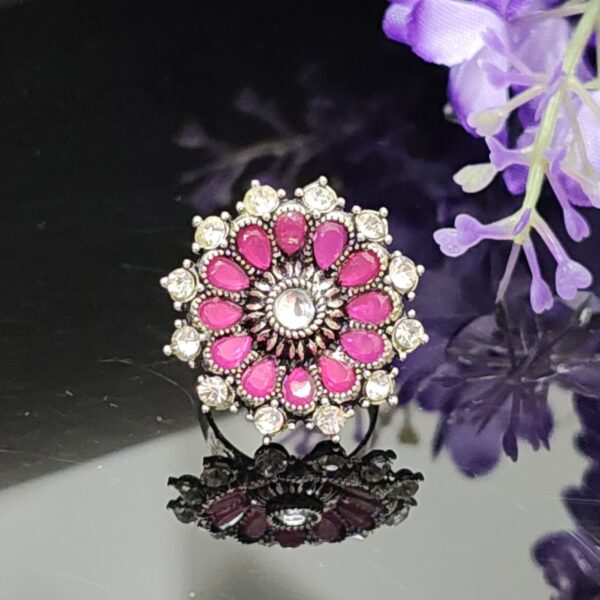 Rose Radiance Oxidised Ring with Deep Pink Petals and Sparkling Crystal Border – Royal Reflection DS