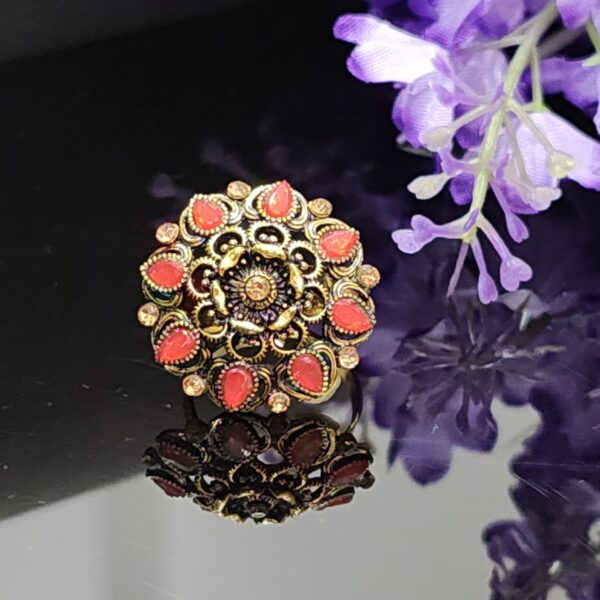 Scarlet Bloom Antique Adjustable Ring with Red Enamel Petals and Floral Center – Royal Reflection DS