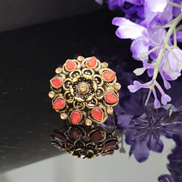 Scarlet Red Floral Ring with Antique Gold Finish and Etched Center – Royal Reflection DS