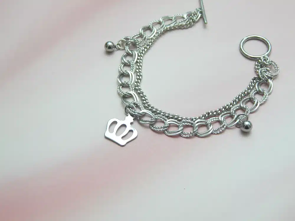 Silver Layered Chain Bracelet with Crown Charm | Toggle Clasp