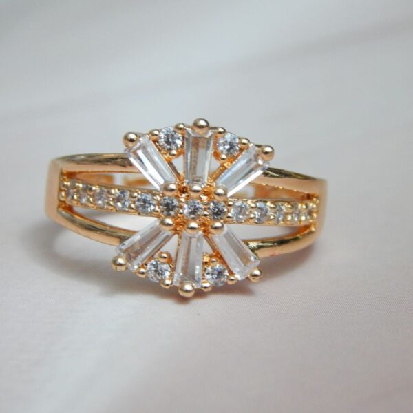 Sunburst Spark Gold-Plated Ring with Floral Radiant AD Stone Design – Royal Reflection DS