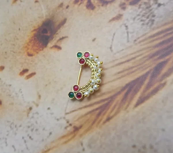 Tricolor imitation Nath with pearl edge and red-green stones – nose ring under ₹70