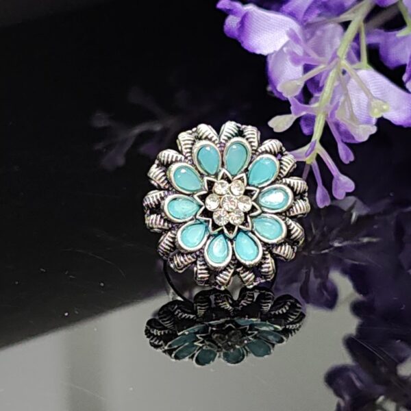 Turquoise Sunburst Oxidised Floral Ring with Dual Petal Layers and Crystal Center – Royal Reflection DS