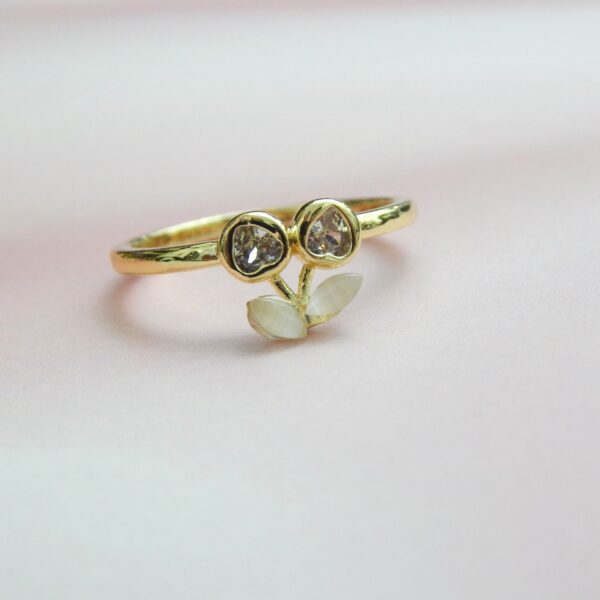 Twin Bud Bloom Adjustable Ring with Teardrop Crystals and Leaf Accents – Royal Reflection DS