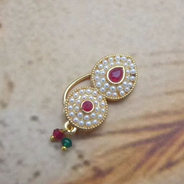 Golden twin-drop Nath with red stones and pearl outline under ₹70 – imitation jewellery design