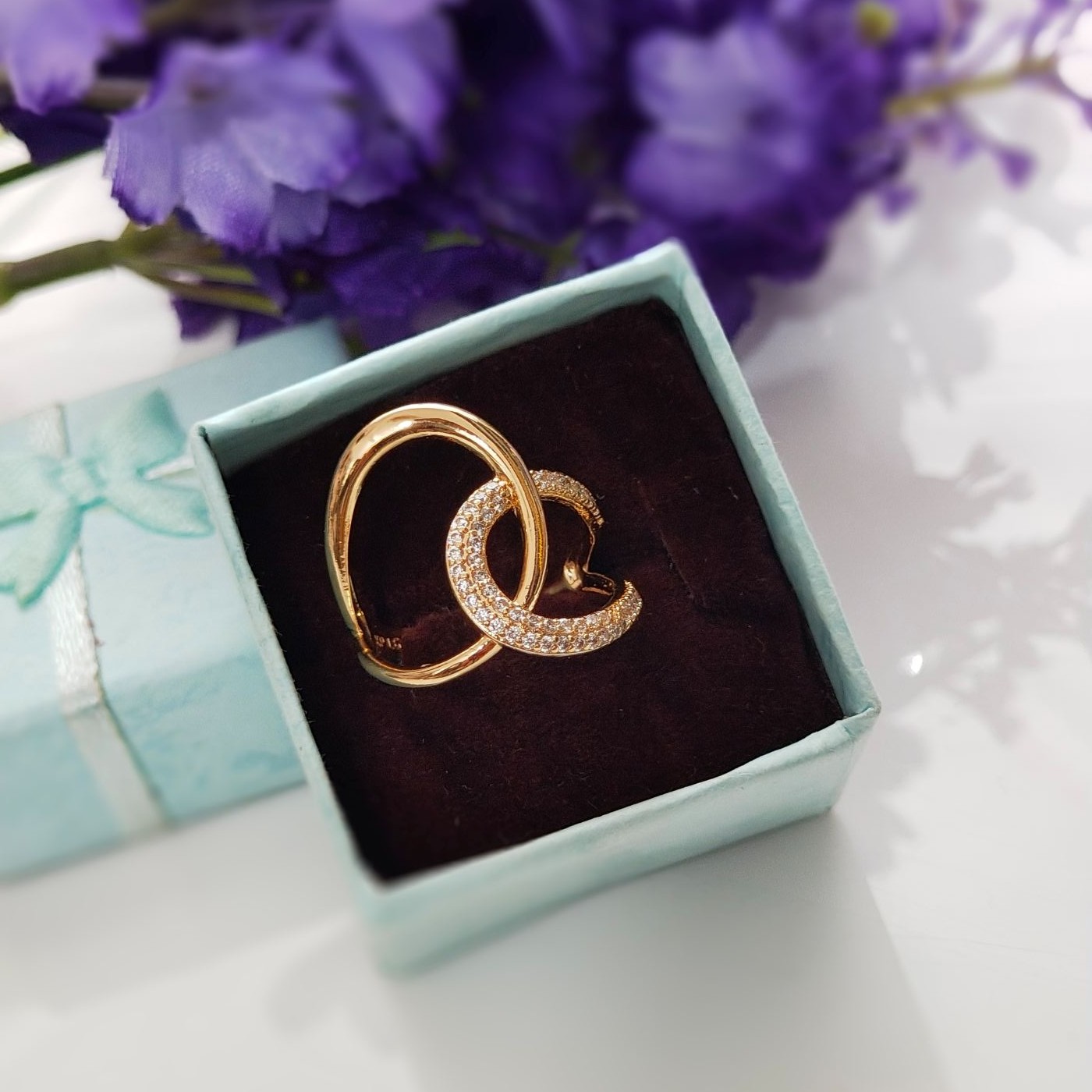 Twin Hoop Sparkle Ring with Gold Finish and Crystal Embellished Interlocked Circles – Royal Reflection DS