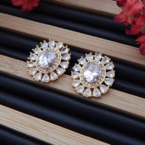 Aurora Crown Gold-Plated Oval CZ Tops Earrings with Teardrop Halo – Royal Reflection DS