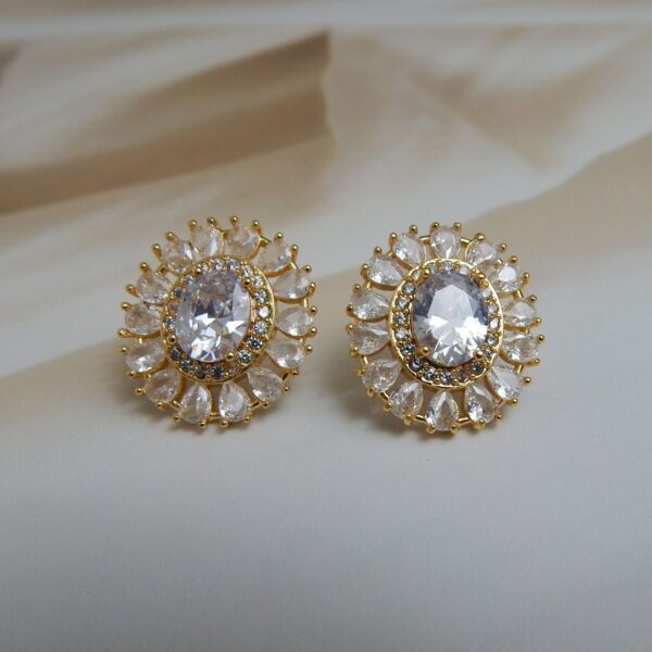 Aurora Crown Gold-Plated Oval CZ Tops Earrings with Teardrop Halo – Royal Reflection DS