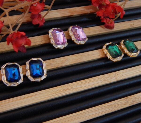 Brass Emerald-Cut Stud Earrings with Baguette Halo – Royal Reflection DS