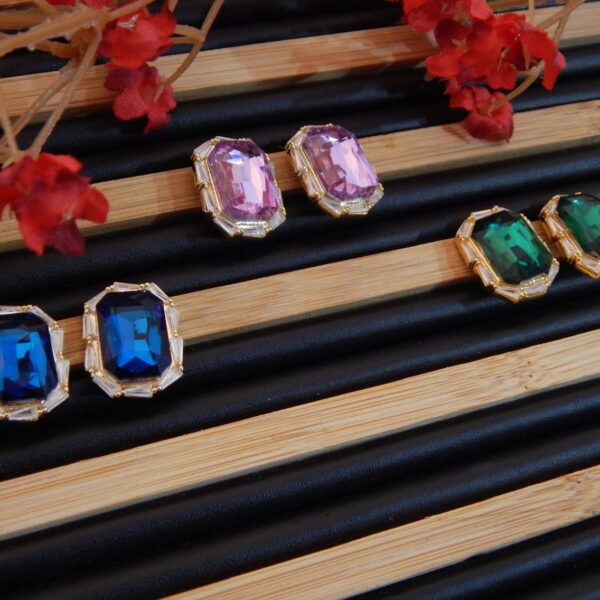 Brass Emerald-Cut Stud Earrings with Baguette Halo – Royal Reflection DS