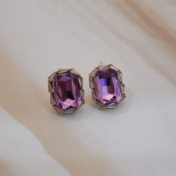 Brass Emerald-Cut Stud Earrings with Baguette Halo in Blush Pink – Royal Reflection DS
