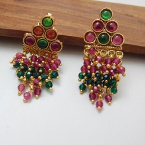 Beaded Kundan Necklace Set with Ruby-Green Layered Drops and Matching Earrings – Royal Reflection DS