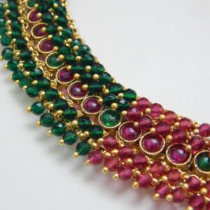 Beaded Kundan Necklace Set with Ruby-Green Layered Drops and Matching Earrings – Royal Reflection DS