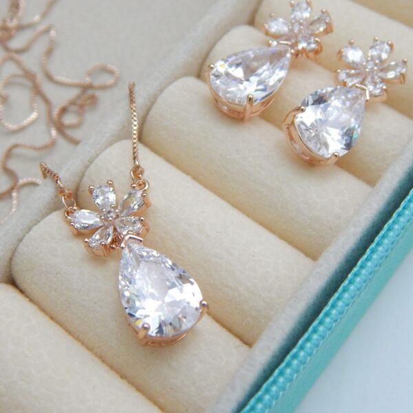 Crystal Blossom Drop Pendant Set with Teardrop Stone and Floral Accents – Royal Reflection DS