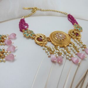 Floral Dream Necklace Set with Pink Beads and Pearl Tassels – Royal Reflection DS