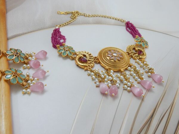 Floral Dream Necklace Set with Pink Beads and Pearl Tassels – Royal Reflection DS