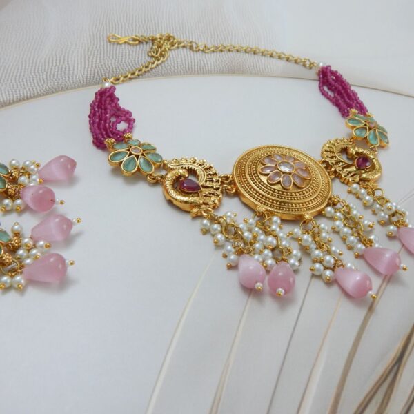 Floral Dream Necklace Set with Pink Beads and Pearl Tassels – Royal Reflection DS
