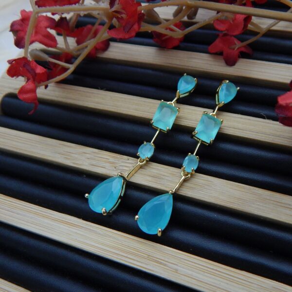 Aqua Green Variant: Gem Cascade Aqua Green Stone Gold-Plated Dangler Earrings with Teardrop and Geometric Accents – Royal Reflection DS