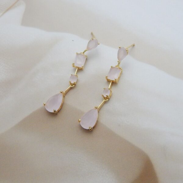 Pink Variant: Gem Cascade Pink Stone Gold-Plated Dangler Earrings with Teardrop and Geometric Accents – Royal Reflection DS