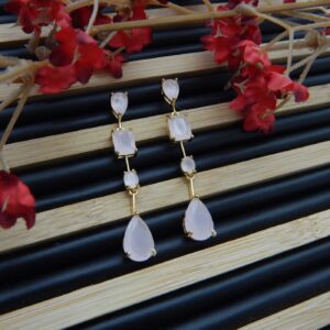 Pink Variant: Gem Cascade Pink Stone Gold-Plated Dangler Earrings with Teardrop and Geometric Accents – Royal Reflection DS