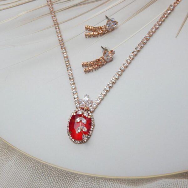 Red – Rose-Gold Oval Gemstone Pendant Set with Red Stone and Matching Studs – Royal Reflection DS