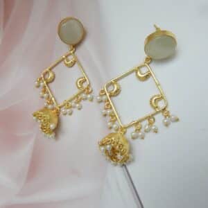 Geometric Pearl Drop Frame Earrings with White Top‑Stone — Royal Reflection DS
