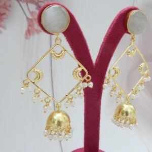 Geometric Pearl Drop Frame Earrings with White Top‑Stone — Royal Reflection DS