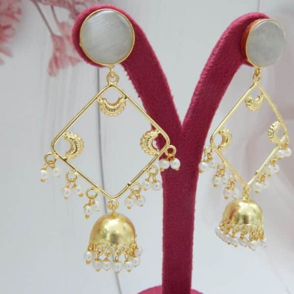 Navratri White Jewellery - Royal Reflection DS Geometric Pearl Drop Frame Earrings with White Top‑Stone — Royal Reflection DS