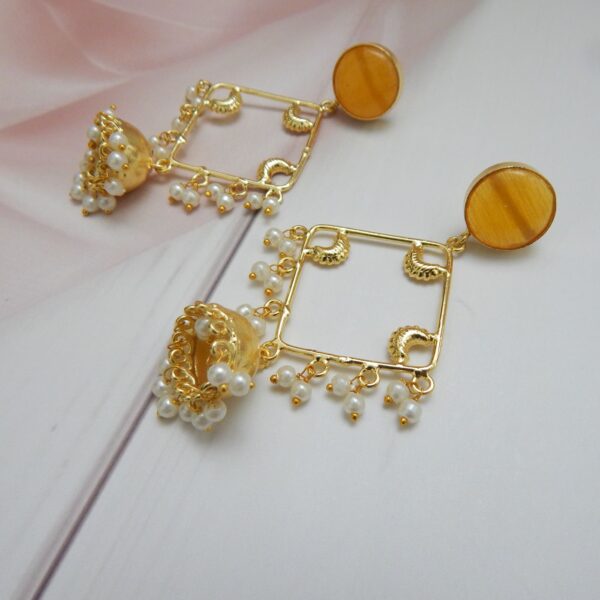 Geometric Pearl Drop Frame Earrings with Amber Top‑Stone — Royal Reflection DS