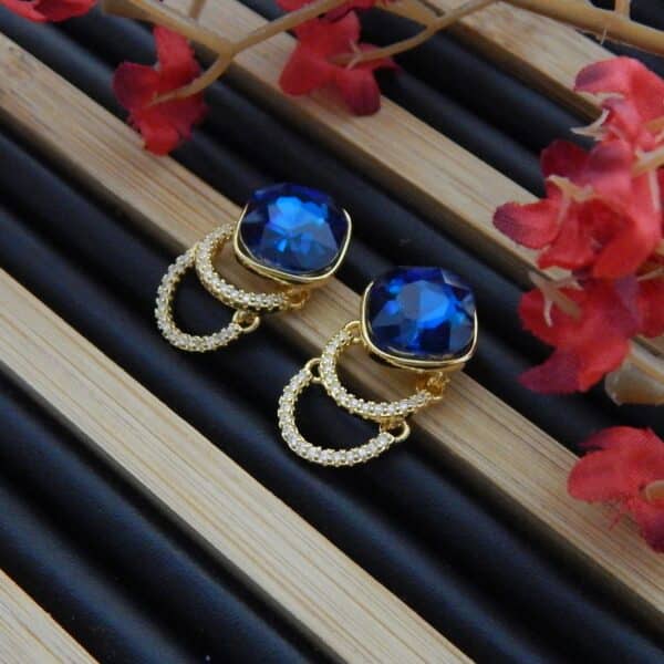Navratri Royal Blue Jewellery - Royal Reflection DS Glam Loop Stud Earrings with Blue Cushion-Cut Gemstone and Twin Pave Hoops – Royal Reflection DS