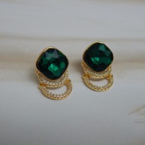 Dark green cushion stone stud earrings with double American diamond loop arc in gold finish