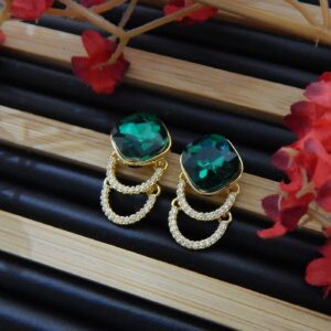 Glam Loop Stud Earrings with Emerald Green Cushion-Cut Stone and Twin Pave Hoops – Royal Reflection DS