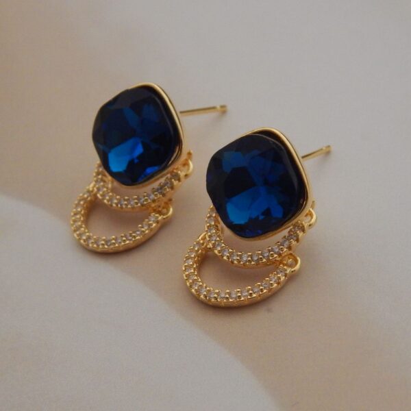 Glam Loop Stud Earrings with Blue Cushion-Cut Gemstone and Twin Pave Hoops – Royal Reflection DS