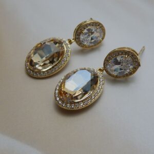 Glitter Oval Drop Danglers with Golden Beige Stone and CZ Border – Royal Reflection DS