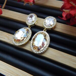 Glitter Oval Drop Danglers with Golden Beige Stone and CZ Border – Royal Reflection DS