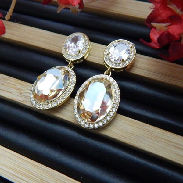 Glitter Oval Drop Danglers with Golden Beige Stone and CZ Border – Royal Reflection DS