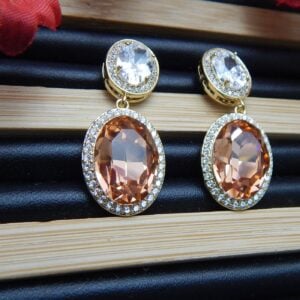 Glitter Oval Drop Danglers with Peach Stone and CZ Border – Royal Reflection DS