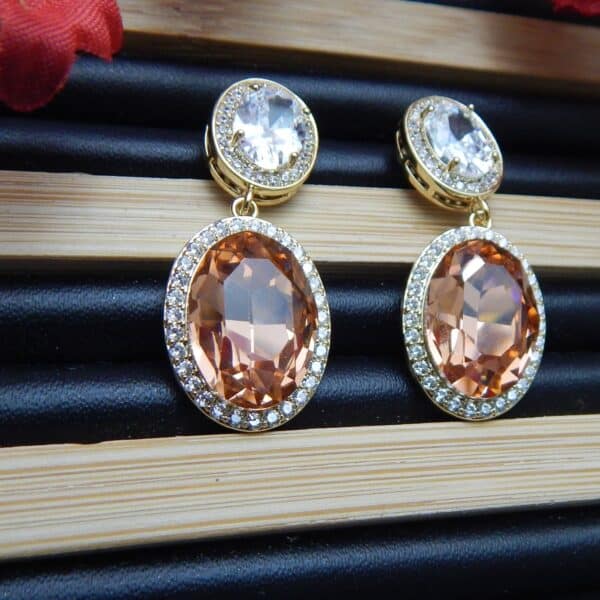 Glitter Oval Drop Danglers with Peach Stone and CZ Border – Royal Reflection DS
