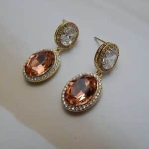Glitter Oval Drop Danglers with Peach Stone and CZ Border – Royal Reflection DS