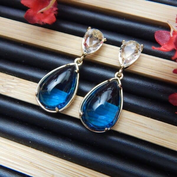 Gloss double teardrop earrings with clear faceted stud and ocean blue glossy drop